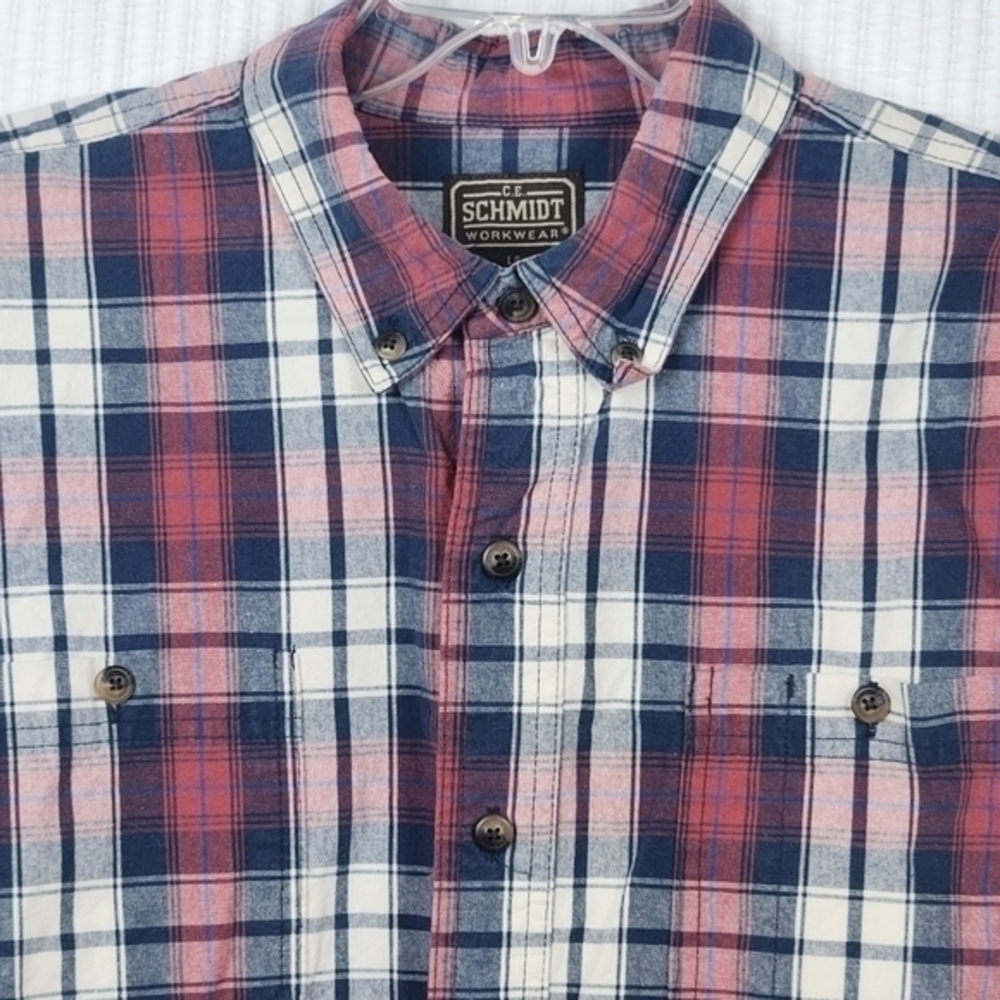 CE Schmidt Workwear Large Long Sleeve Button‎ Down Plaid Red White Blue Colorway - Picture 7 of 7